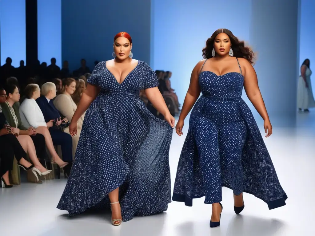 Pasarela de moda plus size: empoderamiento y diversidad Un desfile de moda plus size inclusiva con modelos seguras y chic, destacando la diversidad y empoderamiento en la pasarela