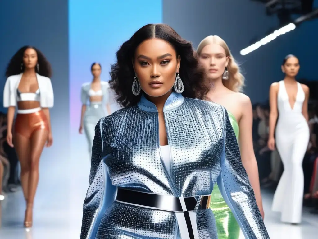 Desfile inclusivo de moda: diversidad y confianza en el futuro Desfile de moda inclusiva con modelos de diferentes tallas y etnias, exhibiendo diseños modernos y elegantes