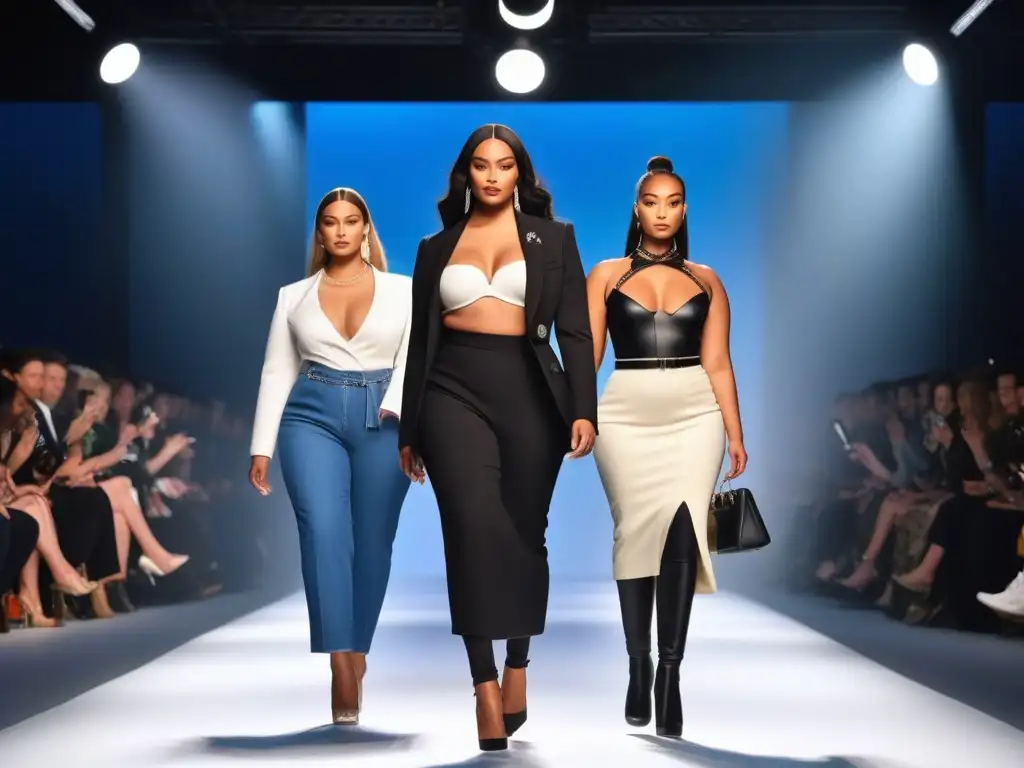 Desfile de moda inclusivo: diversidad y estilo en la pasarela Desfile de moda inclusiva con modelos de diversas tallas y etnias caminando con confianza en una pasarela urbana de noche