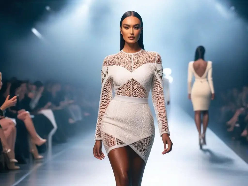 Desfile de moda sostenible: belleza y diversidad en la pasarela Desfile de moda inclusiva: modelos diversos lucen prendas sostenibles en una pasarela futurista