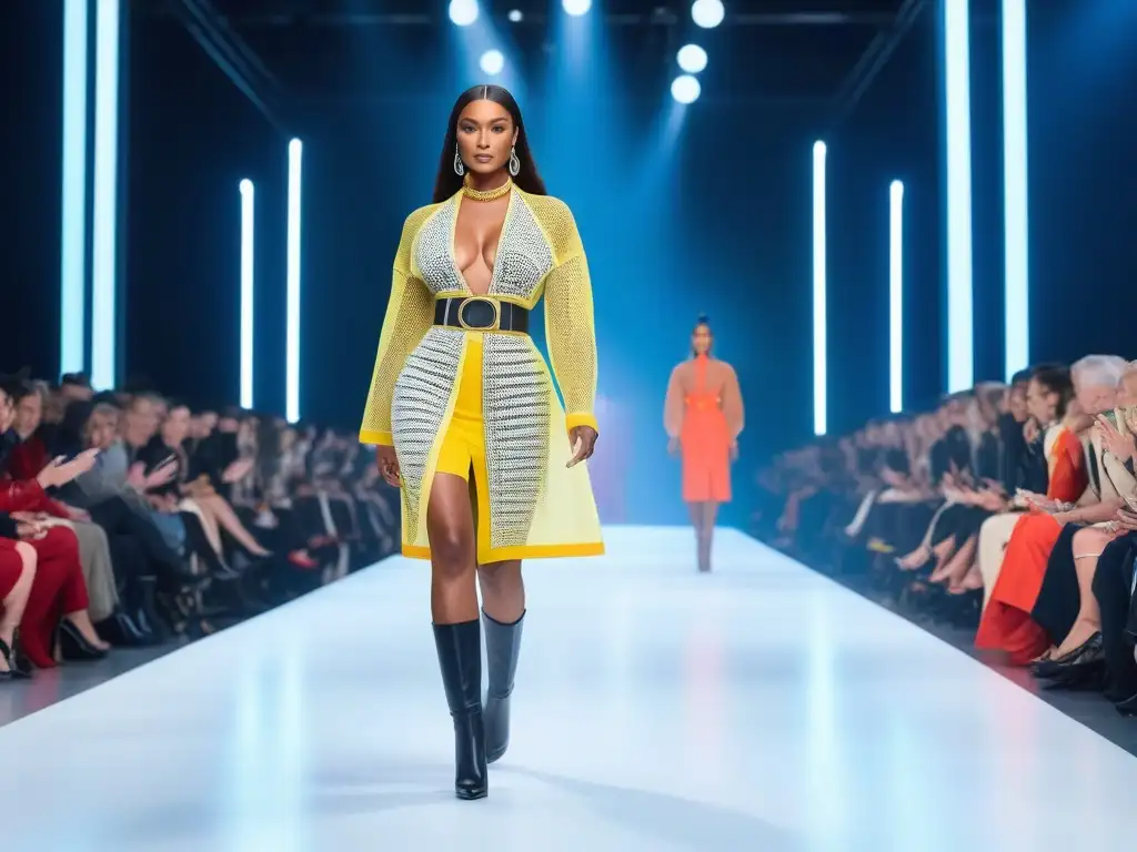 Desfile inclusivo de moda sostenible con modelos diversos Desfile de moda inclusiva con modelos de diversas tallas y etnias luciendo prendas sostenibles en una pasarela futurista y luminosa