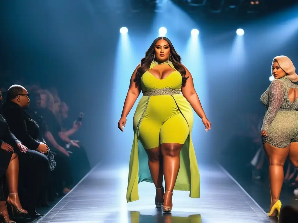 Desfile de moda plus size: empoderamiento y transparencia Desfile de moda inclusiva con modelos de tallas grandes luciendo diseños transparentes en una pasarela elegante y moderna