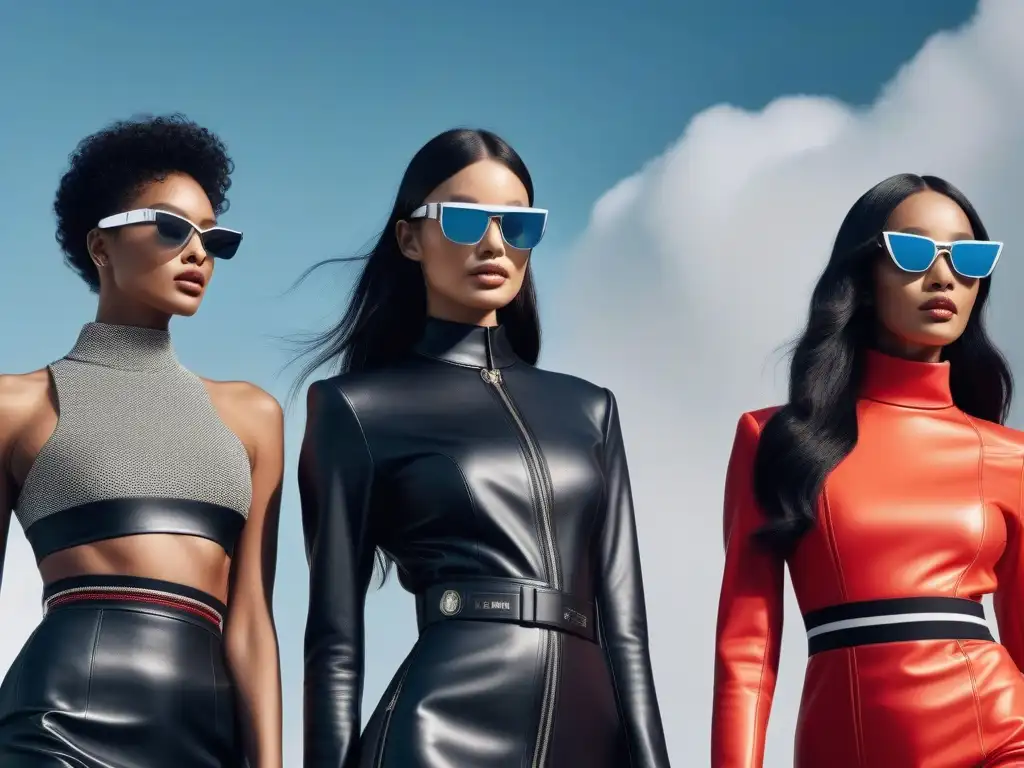 Moda de lujo tech: modelos diversidad con gadgets integrados Un desfile de moda inclusiva con modelos luciendo gadgets de alta gama integrados en sus outfits, reflejando la fusión entre tecnología y estilo