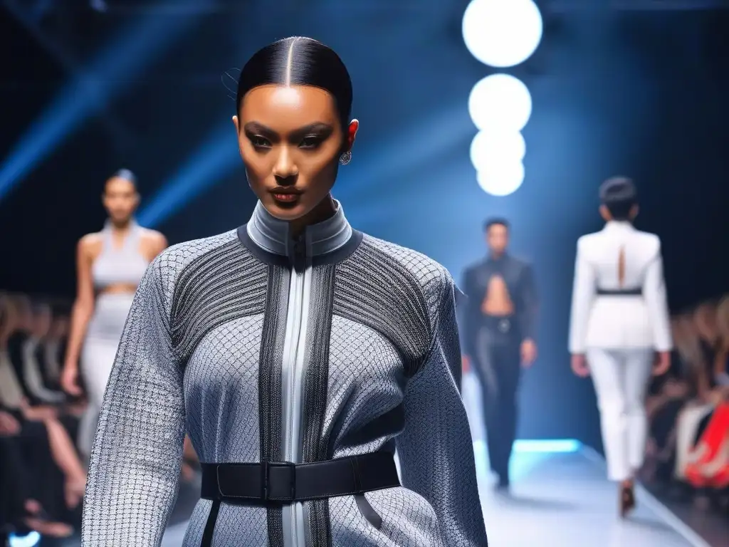 Desfile de moda inclusivo con diseño futurista y tejidos conductores Un desfile de moda inclusiva con modelos de diversas tallas y etnias luciendo diseños con textiles conductivos