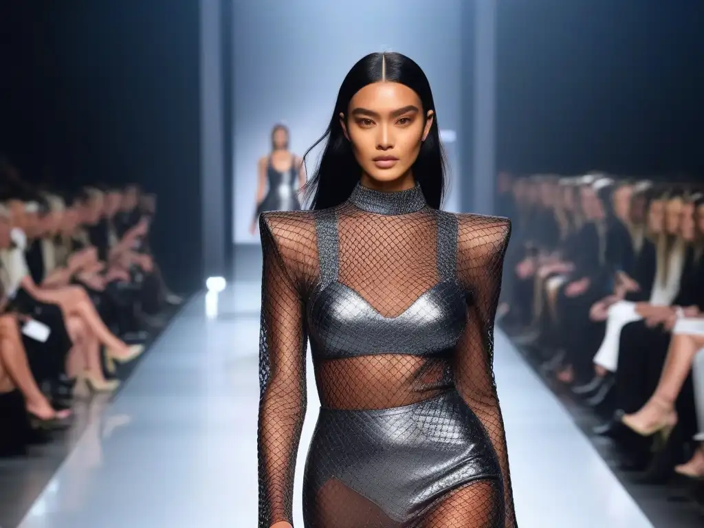Moda inclusiva y tecnológica: desfile futurista Desfile de moda inclusiva con modelos de diferentes tallas y habilidades, luciendo prendas de textiles conductivos en una pasarela futurista