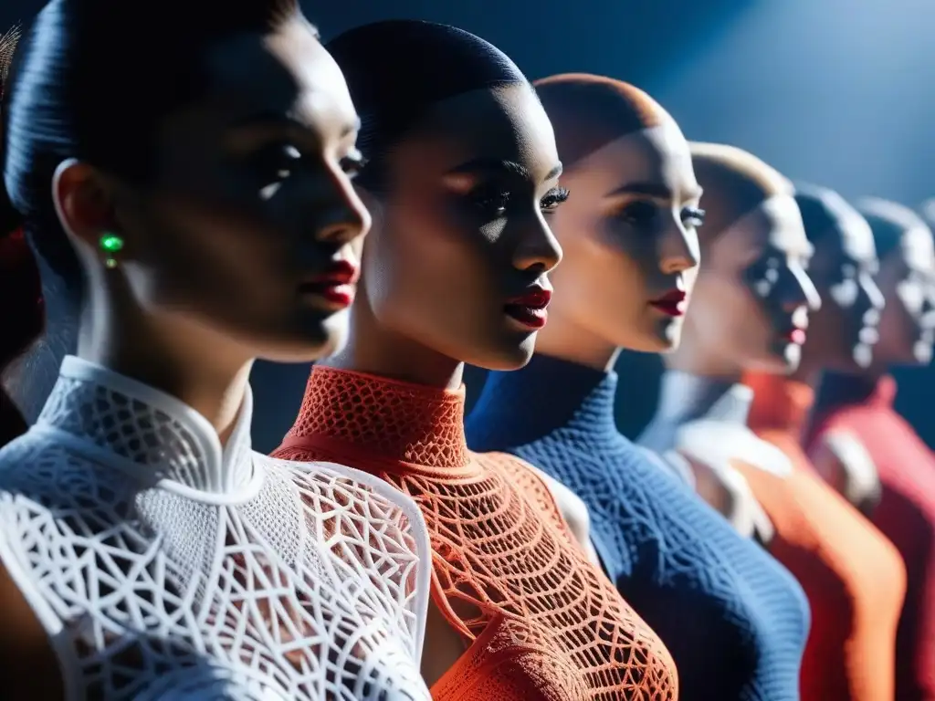 Desfile futurista: moda 3D inclusiva en 8k Desfile de moda inclusiva e impresión 3D con modelos luciendo prendas únicas y detalladas en una pasarela futurista iluminada