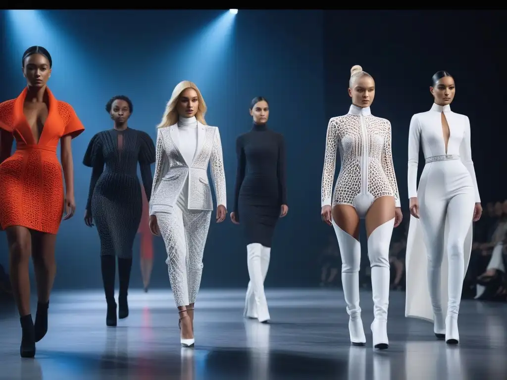 Desfile futurista de modelos con diseños 3D vanguardistas Desfile de moda inclusiva con modelos de tallas especiales luciendo prendas 3D, radiando confianza y estilo en una pasarela futurista