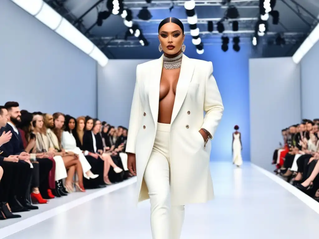Desfile inclusivo: moda vanguardista celebra diversidad Desfile de moda inclusiva con modelos diversos en una pasarela futurista