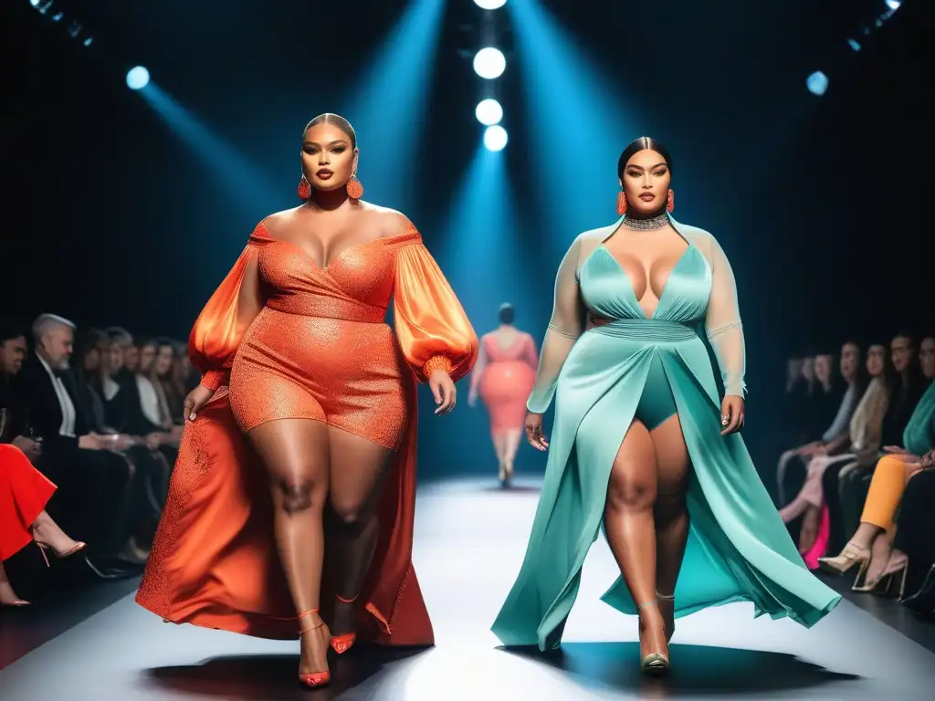 Desfile de moda inclusiva: modelos plus size deslumbran en la pasarela Desfile de moda plus size inclusiva con modelos seguras, exhibiendo tendencias vanguardistas y espectadores asombrados
