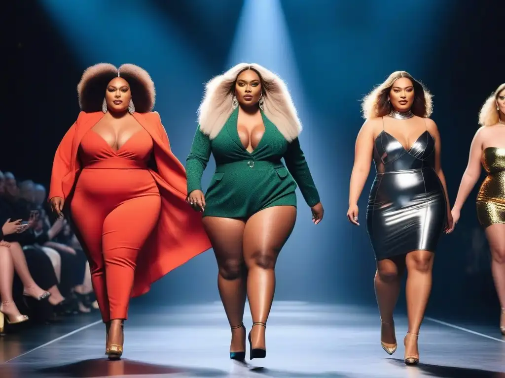 Desfile de moda inclusiva: modelos plus size empoderadas y vibrantes Desfile de moda plus size inclusiva con modelos empoderadas luciendo atuendos modernos y vibrantes en una pasarela elegante