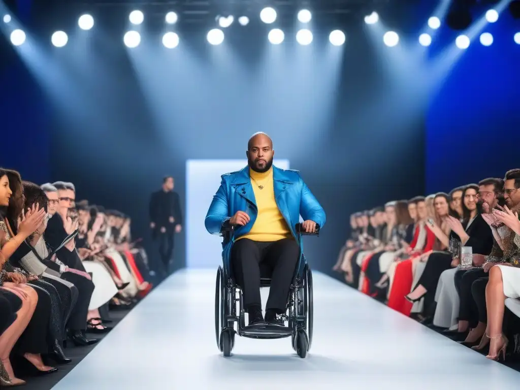 Desfile inclusivo: moda adaptativa en pasarela futurista Desfile de moda inclusiva con modelos con discapacidades luciendo prendas adaptativas en una pasarela futurista