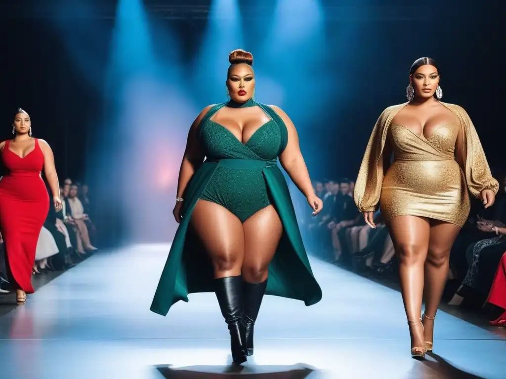 Desfile de moda plussize: empoderamiento y estilo Un desfile de moda inclusiva con modelos de talla grande seguras, vistiendo prendas modernas y trendys