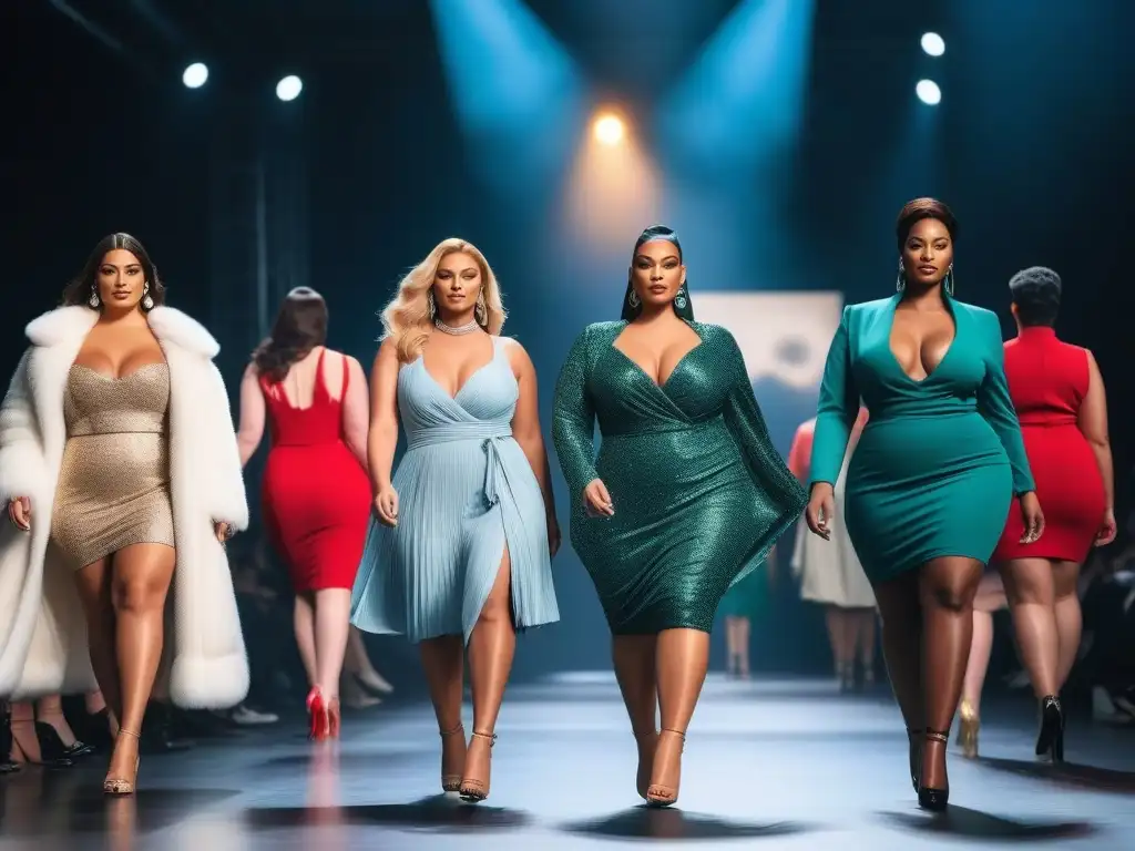 Desfile de moda plussize: empoderamiento y diversidad Desfile de moda inclusiva con modelos plus size seguras y empoderadas luciendo diseños modernos y elegantes