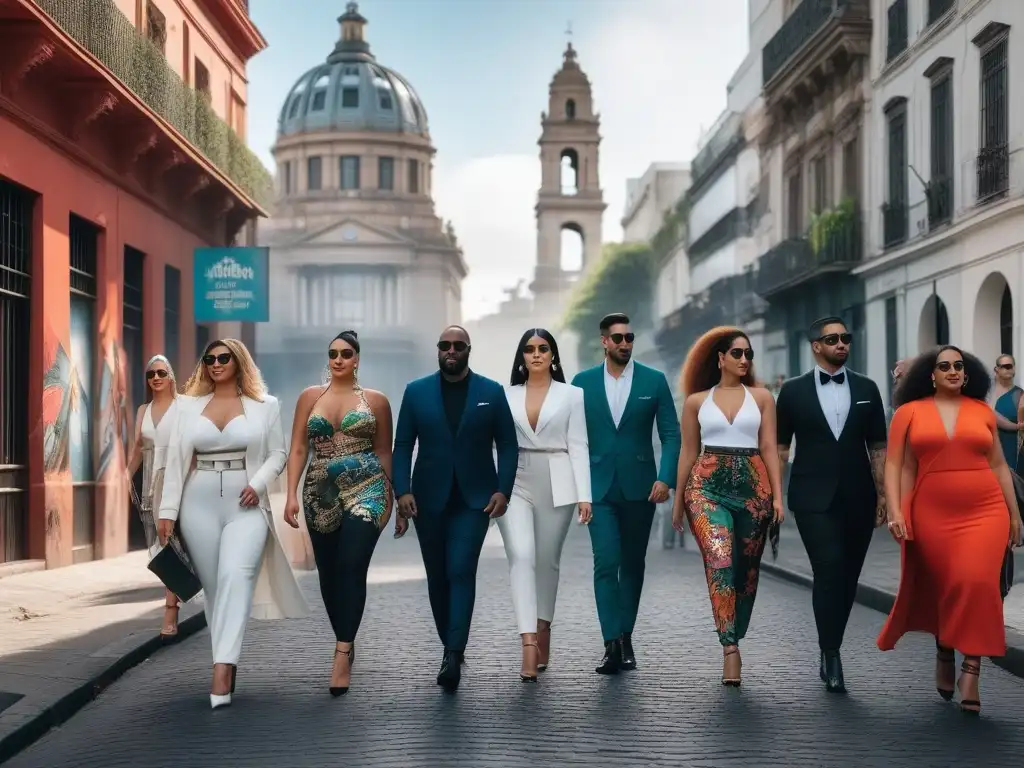 Desfile inclusivo en Buenos Aires: moda y diversidad Un desfile de moda inclusiva en Buenos Aires con modelos de distintas tallas, géneros y capacidades, luciendo prendas elegantes y variadas, mientras caminan con confianza por las calles de la ciudad, rodeados de la arquitectura icónica de Buenos Aires y arte callejero vibrante