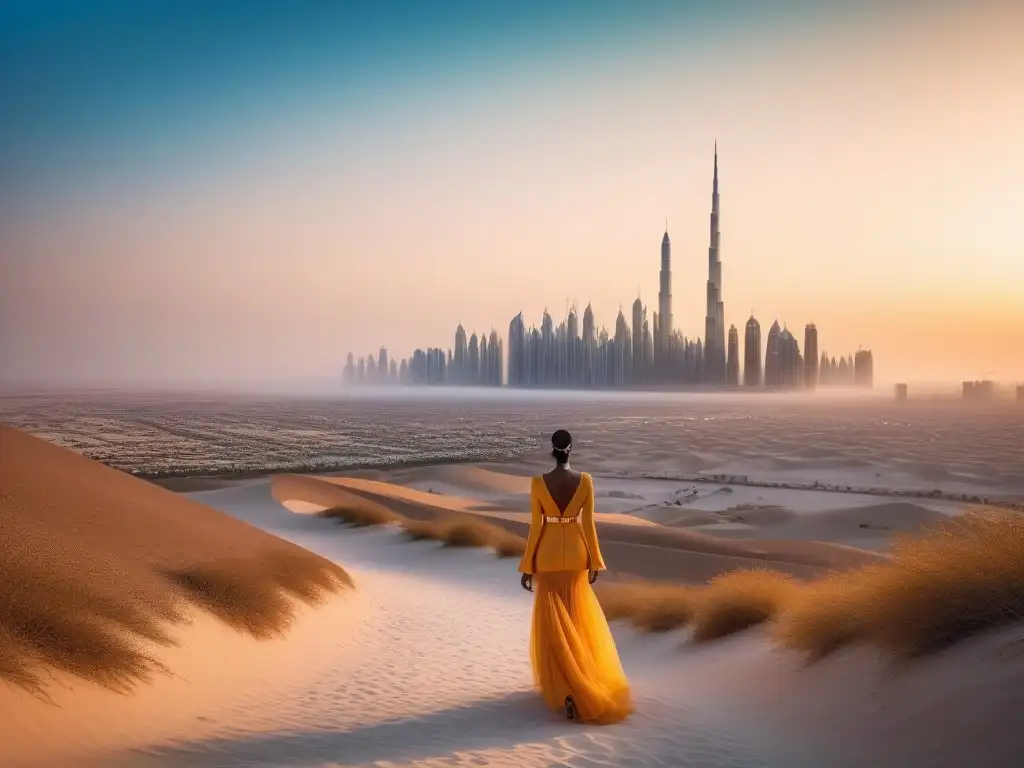 Desfile de moda inclusivo en Dubai: lujo y diversidad en el desierto Un desfile de moda inclusiva en Dubái con modelos diversos y elegantes caminando por una pasarela lujosa, bajo un atardecer dorado en el desierto