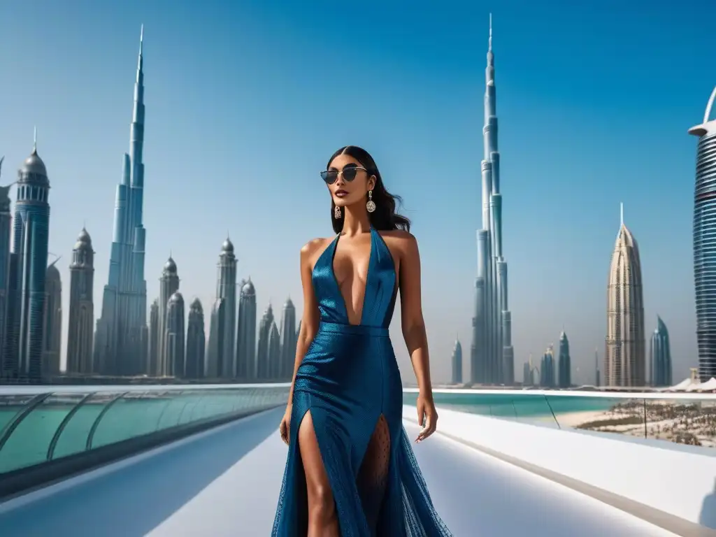 Desfile de moda en Dubai: lujo, diversidad y estilo innovador Desfile de moda inclusiva en Dubái con modelos diversos en una pasarela glamurosa, rodeados de lujo y el icónico skyline de la ciudad