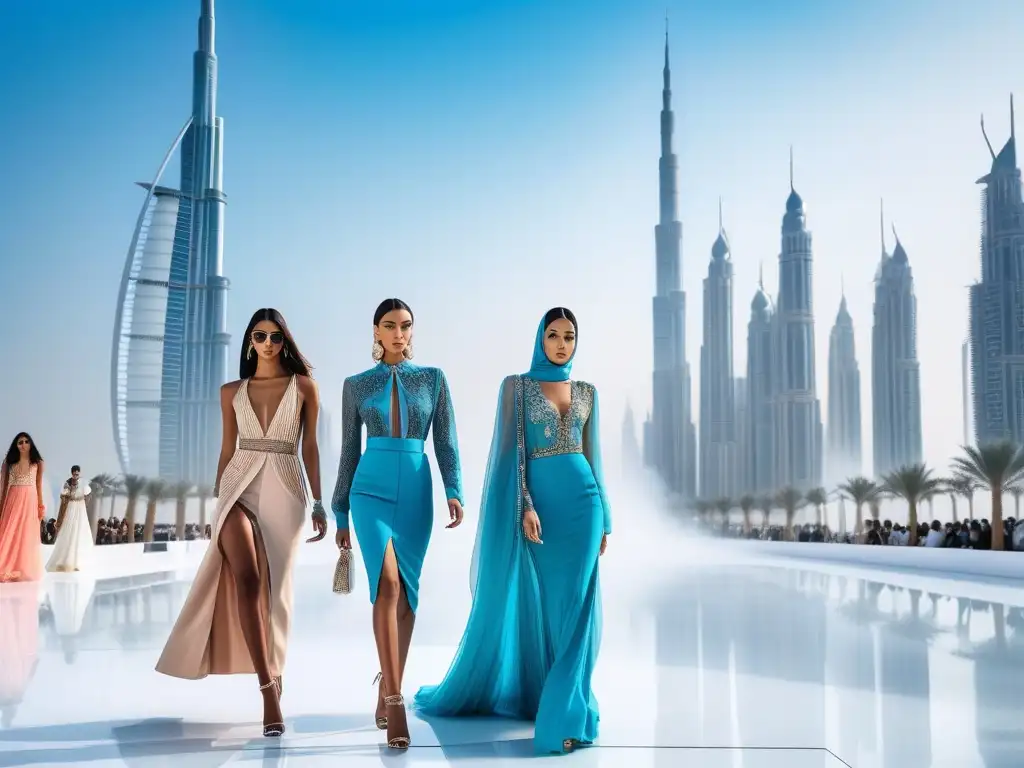 Desfile inclusivo en Dubai: moda vanguardista y diversidad cultural Desfile de moda inclusiva en Dubái con modelos diversos en una pasarela futurista