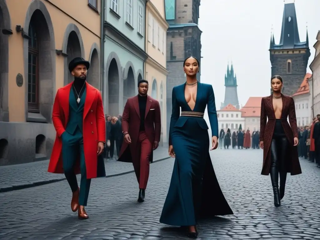 Desfile de moda inclusivo en Praga: diversidad y estilo en cada paso Un desfile de moda inclusiva en Praga con modelos diversos caminando con confianza por las calles empedradas