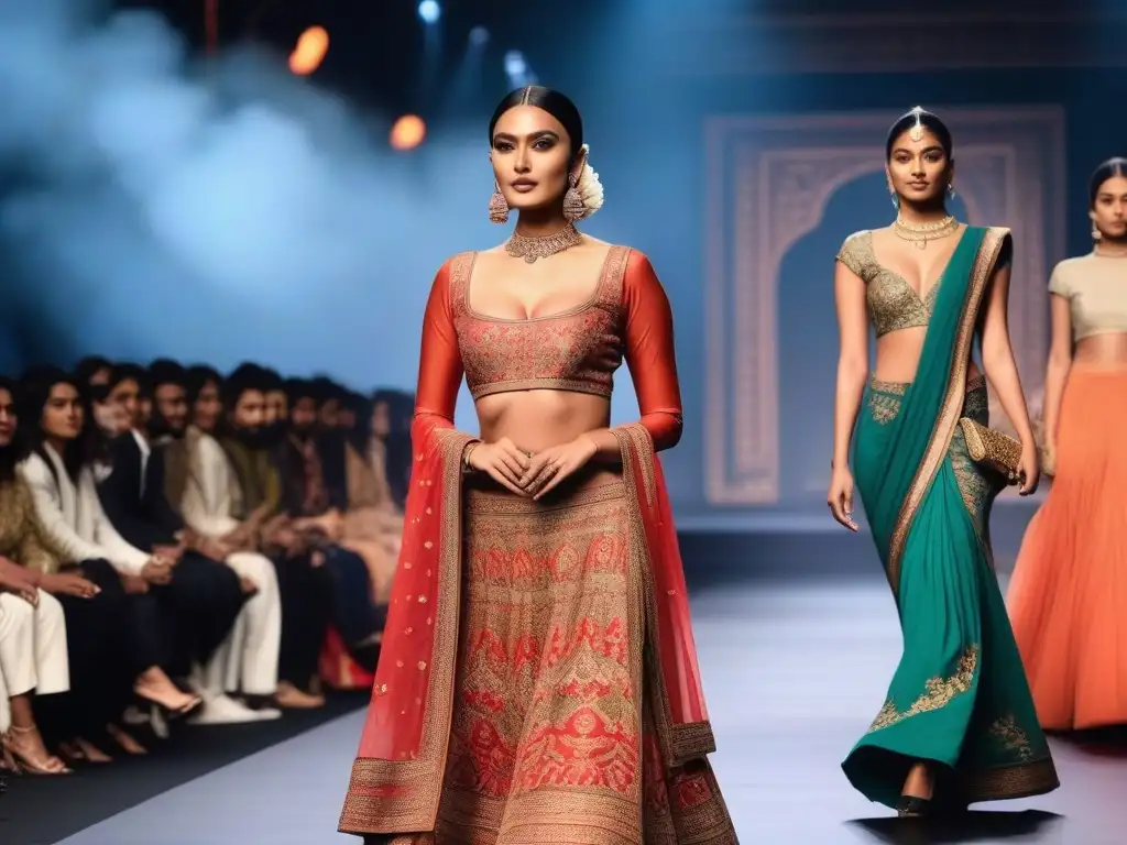 Desfile de moda inclusivo en India: diversidad y elegancia Desfile de moda inclusiva en India subcontinente con modelos diversos y público emocionado aplaudiendo