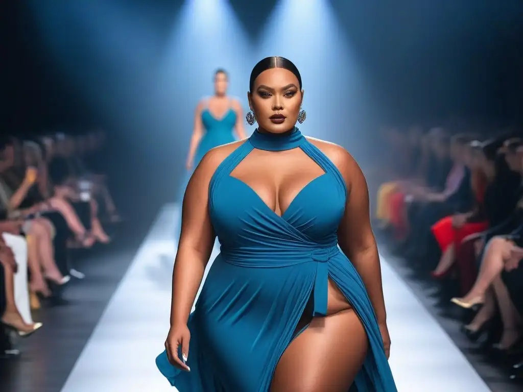Desfile de moda inclusivo: modelos plus size seguras con combinaciones de colores estratégicas y vibrantes Desfile de moda inclusiva con modelos de tallas grandes mostrando colores estratégicos que resaltan su diversidad en la pasarela