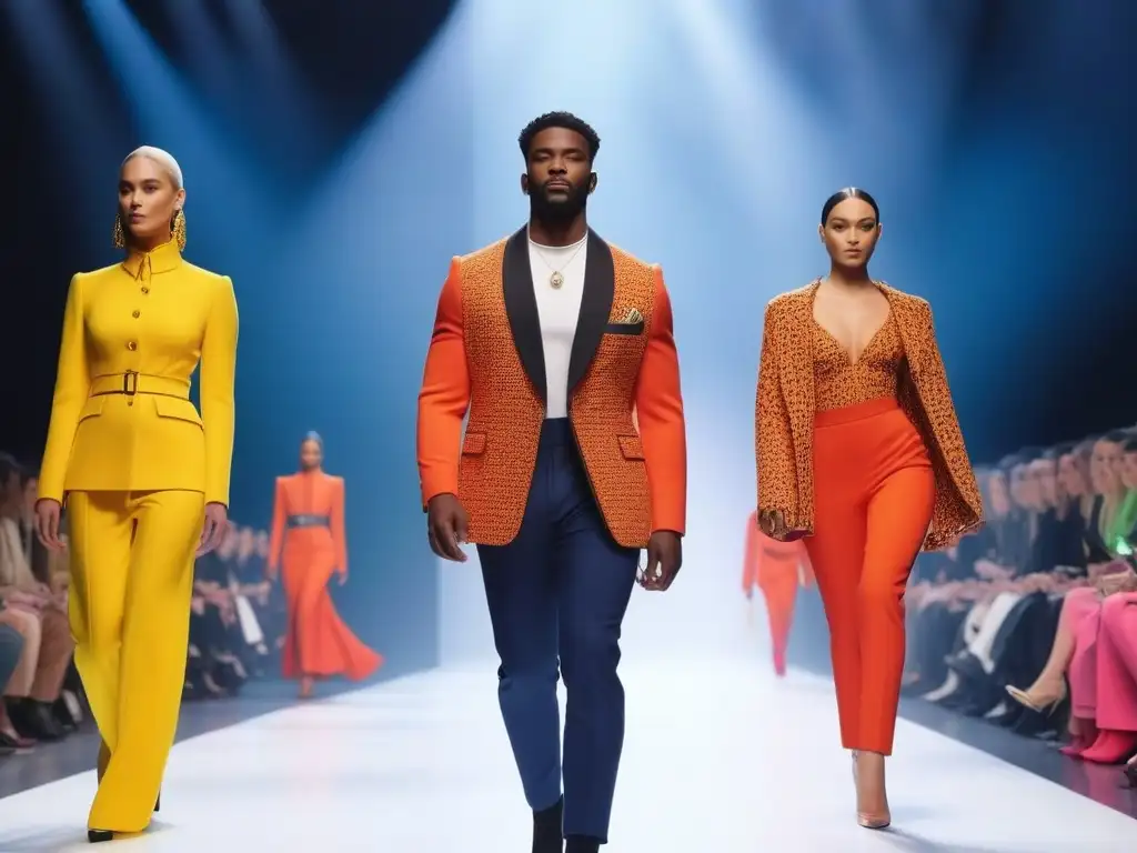 Desfile de moda inclusivo: modelos empoderados caminan con estilo Desfile de moda inclusiva con modelos diversos exhibiendo empoderamiento y estilo en una pasarela futurista con elementos de psicología del color