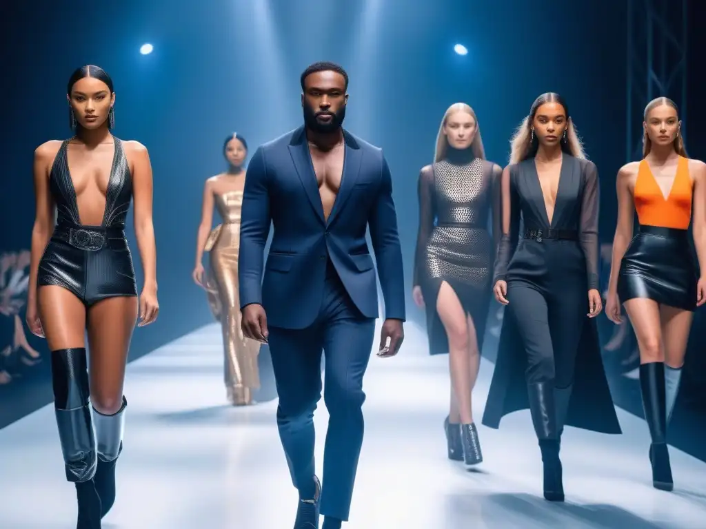 Desfile inclusivo de moda 2023: diversidad en la pasarela Desfile de moda inclusiva 2023: modelos diversos con diseños vanguardistas en una pasarela futurista