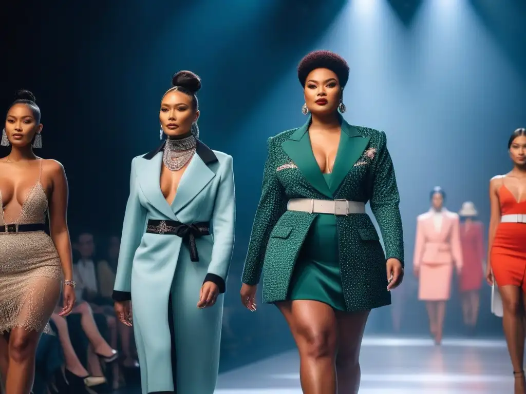 Desfile inclusivo de moda: diversidad y empoderamiento Desfile de moda inclusiva con modelos diversos caminando con confianza en una pasarela, simbolizando éxito en marketing de moda inclusiva