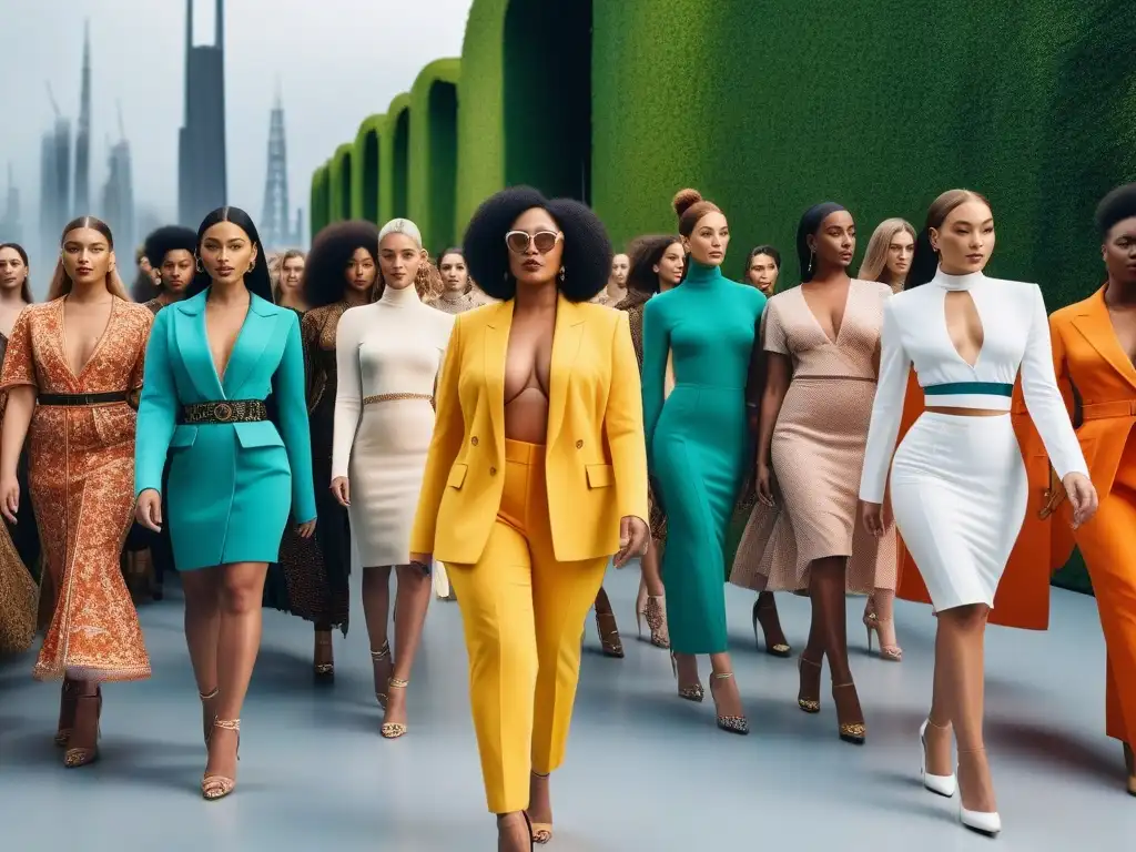 Pasarela ecofashion: diversidad y sustentabilidad Un desfile de moda inclusiva con modelos de todas las tallas y etnias luciendo prendas sostenibles en una pasarela futurista