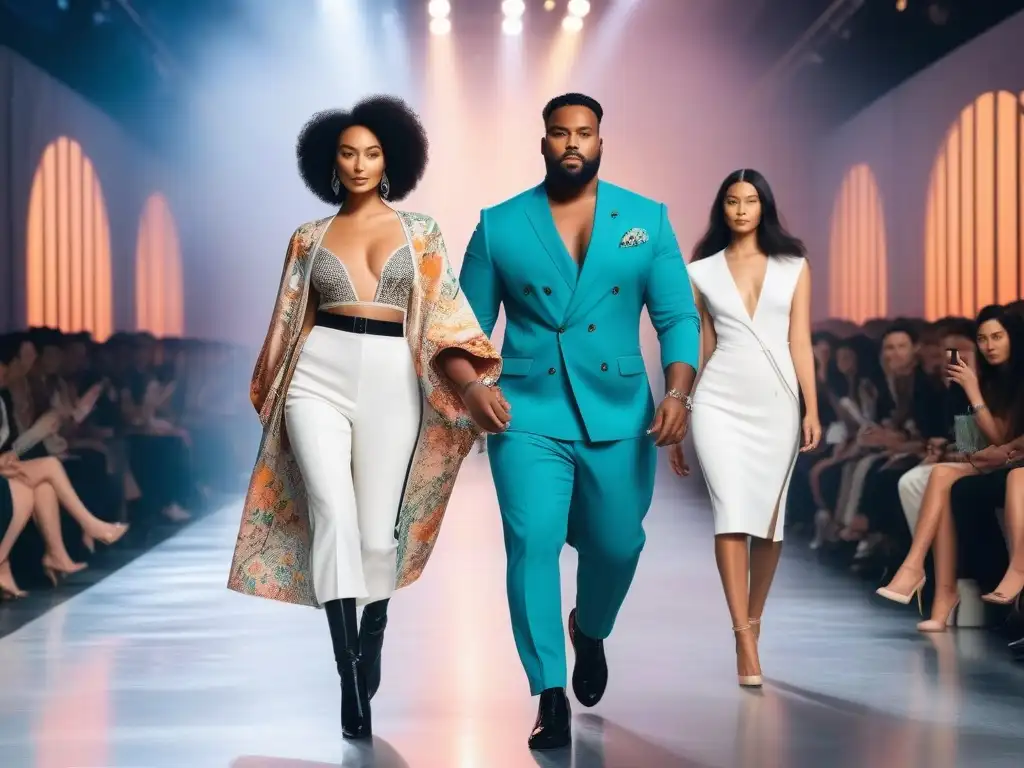 Pasarela inclusiva: moda sostenible en ciudad futurista Desfile de moda inclusiva con modelos de diferentes tallas y etnias luciendo prendas sostenibles, en un ambiente futurista y chic