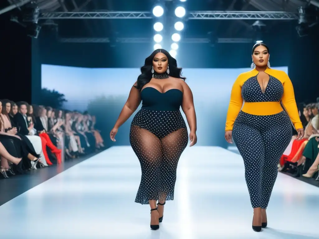 Desfile de moda inclusivo: empoderamiento y diversidad en la pasarela Desfile de moda inclusiva con modelos diversos empoderados y estilosos, iluminados por luces brillantes en la pasarela