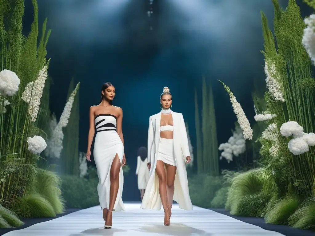 Desfile moda sostenible: modelos eco en ciudad futurista Desfile de moda inclusiva con modelos luciendo tejidos sostenibles en una pasarela futurista