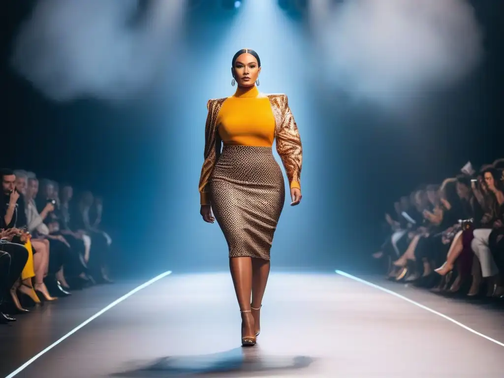 Desfile de moda inclusivo: diversidad y estilo en la pasarela Desfile de moda inclusiva con modelos de diversas tallas y etnias en pasarela futurista