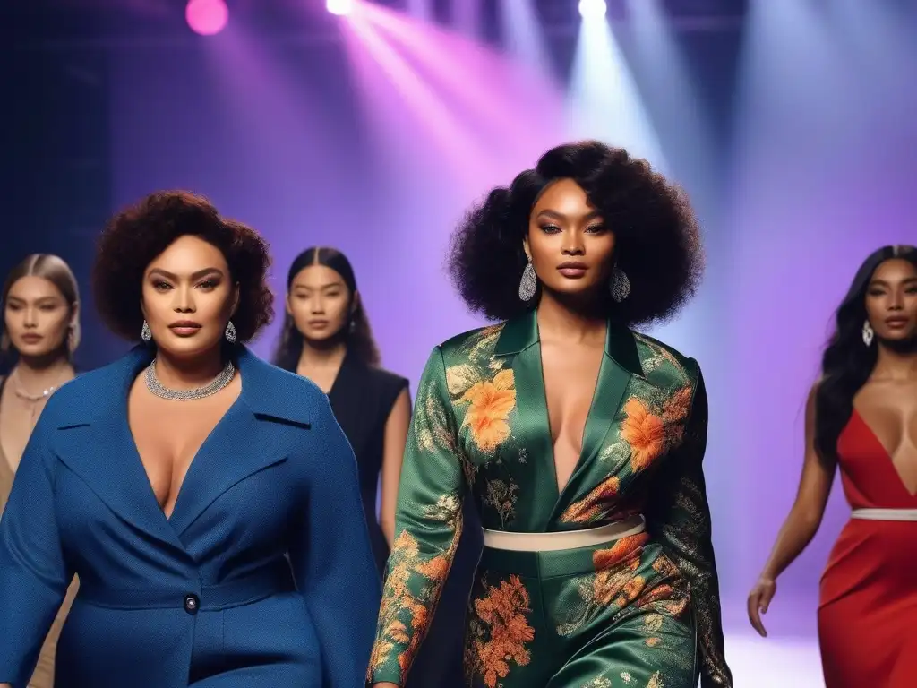 Desfile inclusivo: moda, diversidad y empoderamiento Desfile de moda inclusiva con modelos diversos caminando con confianza en la pasarela, iluminada y animada por una audiencia diversa