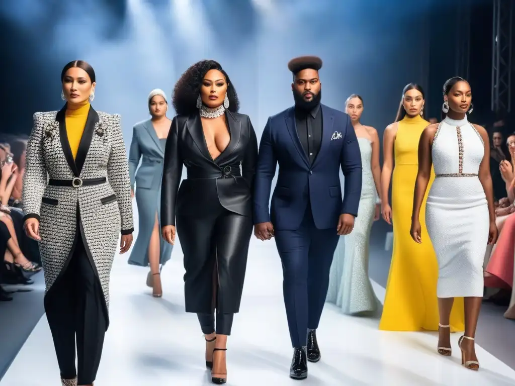 Desfile inclusivo de moda: diversidad, empoderamiento e innovación Desfile de moda inclusiva: modelos de diversas tallas y etnias lucen prendas de diseñador en una pasarela chic