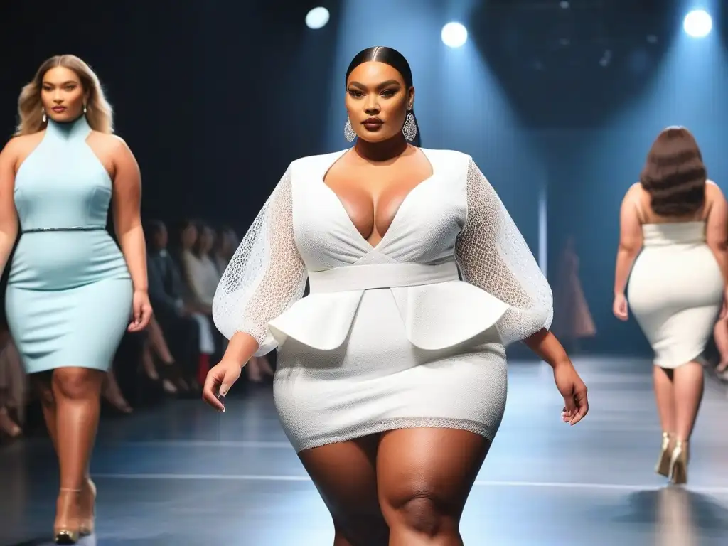 Desfile inclusivo de moda con modelos de talla grande Un desfile de moda inclusiva con modelos de cuerpos diversos caminando con confianza por la pasarela, luciendo prendas de diseñadores inclusivos