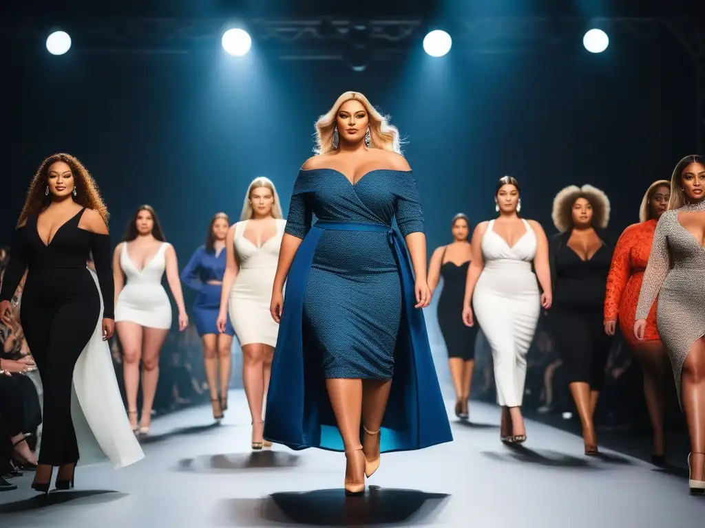 Desfile de moda inclusivo con modelos plussize empoderadas y seguras Desfile de moda inclusiva con modelos de cuerpos diversos, irradiando empoderamiento y confianza