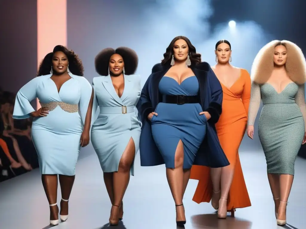 Desfile de moda inclusivo: modelos plus size seguras y elegantes Un desfile de moda inclusiva con modelos de cuerpos diversos exhibiendo elegantes diseños, celebrando la diversidad y la autoaceptación