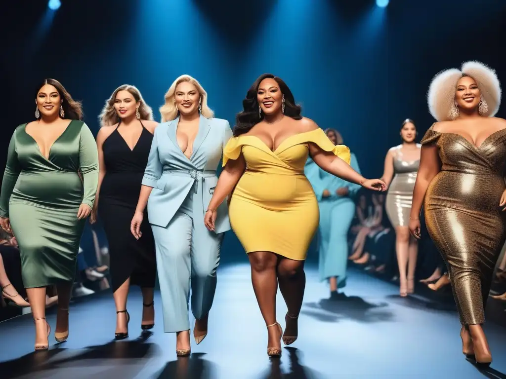 Desfile de moda inclusivo: mujeres seguras y diversas celebran su belleza Desfile de moda inclusiva para mujeres plus de distintas edades y etnias, radiando confianza y empoderamiento ante una multitud diversa y entusiasta