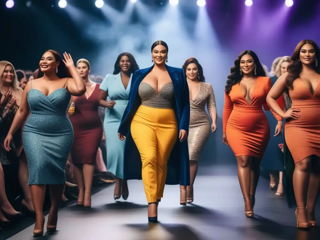 Desfile de moda inclusivo con mujeres de talla grande empoderadas Desfile de moda inclusiva para mujeres plus con diversidad de estilos y etnias en la pasarela, rodeadas de una multitud inclusiva aplaudiendo