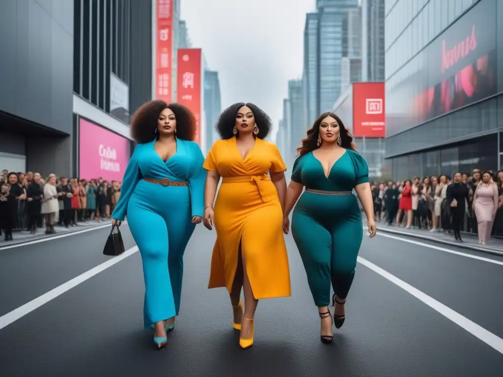 Desfile de moda inclusivo: mujeres plus size seguras y empoderadas Desfile de moda inclusiva: mujeres plus size seguras y empoderadas desfilan con estilo en una pasarela vibrante y moderna