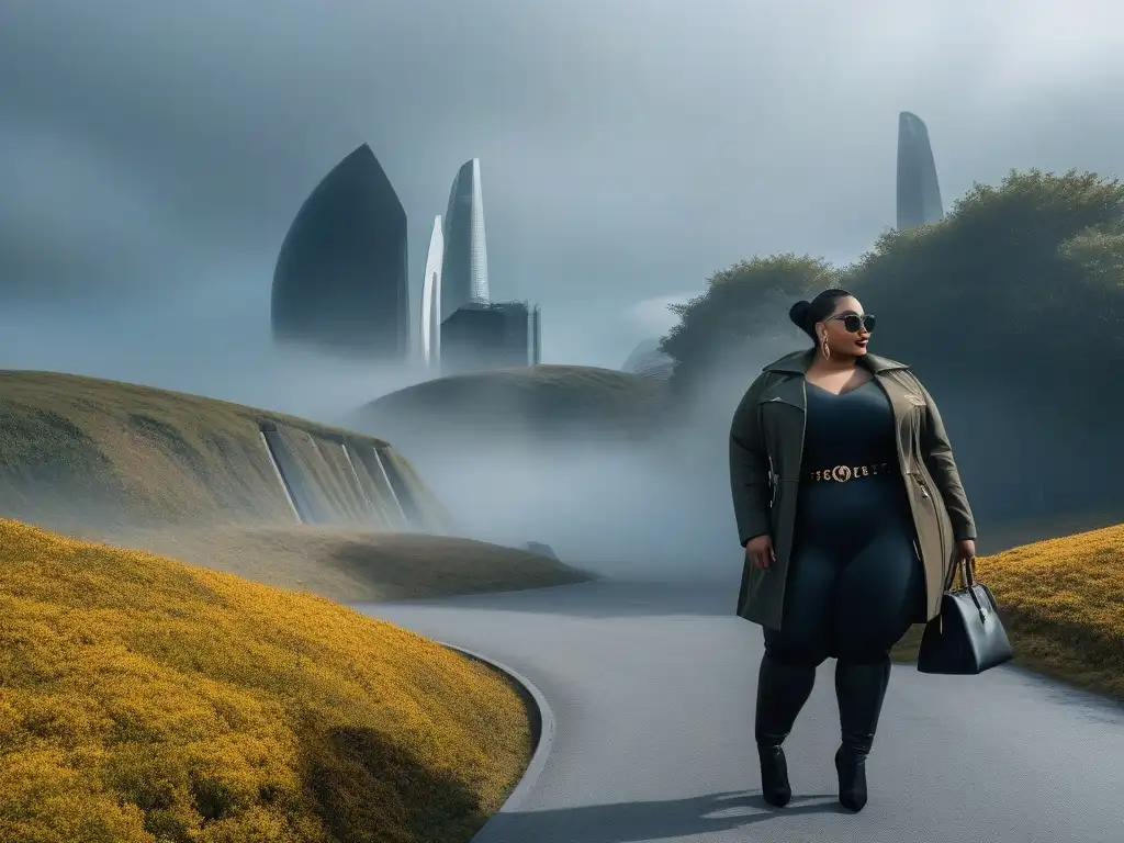 Moda plussize: colores vibrantes y diseños únicos en la ciudad del futuro Un desfile de moda inclusiva en un paisaje urbano futurista
