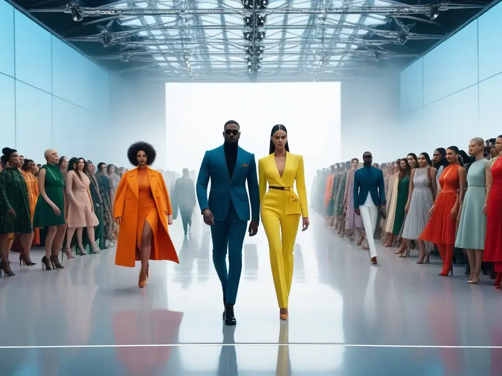 Desfile de moda inclusivo: diversidad y armonía en pasarela futurista Desfile de moda inclusiva con paleta de colores vibrantes y diversos modelos caminando con confianza en una pasarela futurista