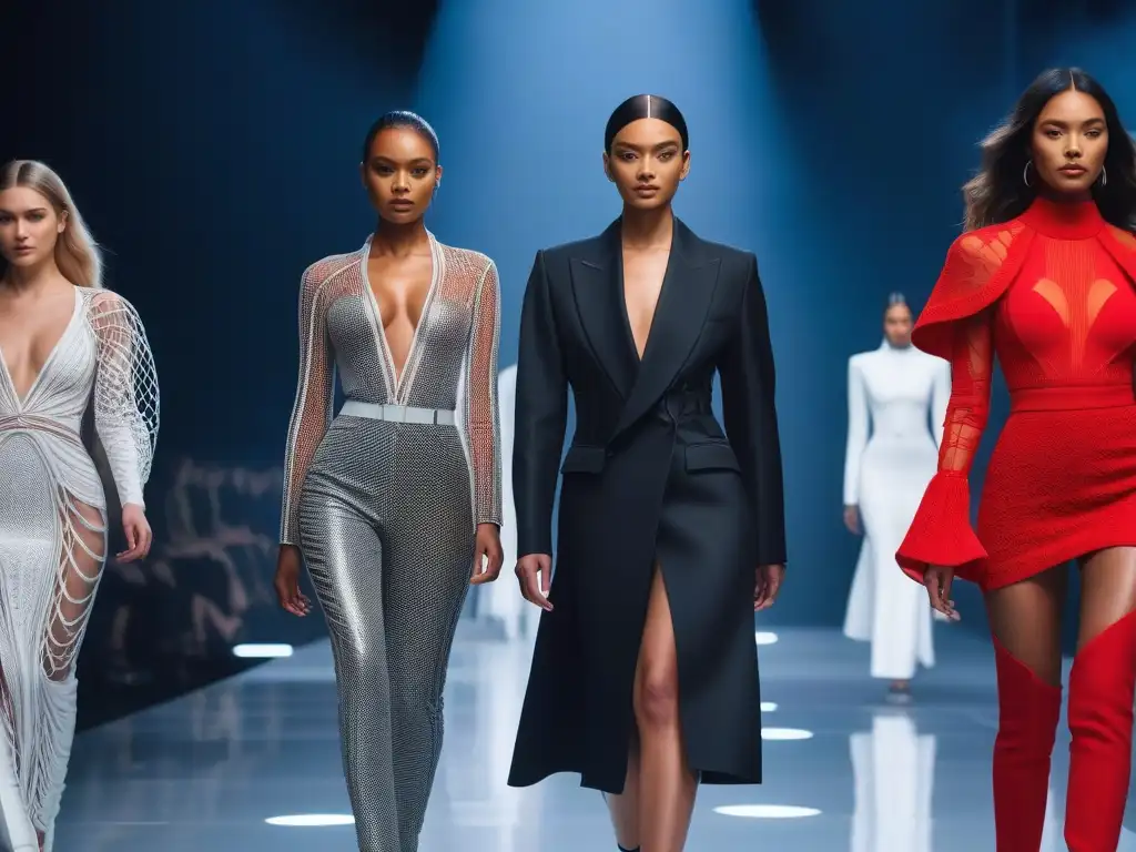 Desfile futurista de moda 3D con diversidad y tecnología innovadora Desfile de moda inclusiva con impresión 3D en una pasarela futurista con modelos y espectadores diversos, creando un ambiente innovador y vanguardista
