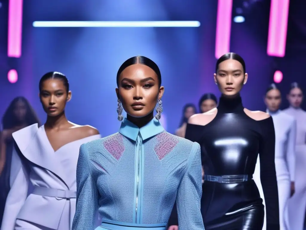 Desfile inclusivo: moda vanguardista para todos Desfile de moda inclusiva en pasarela futurista con modelos diversos luciendo diseños vanguardistas