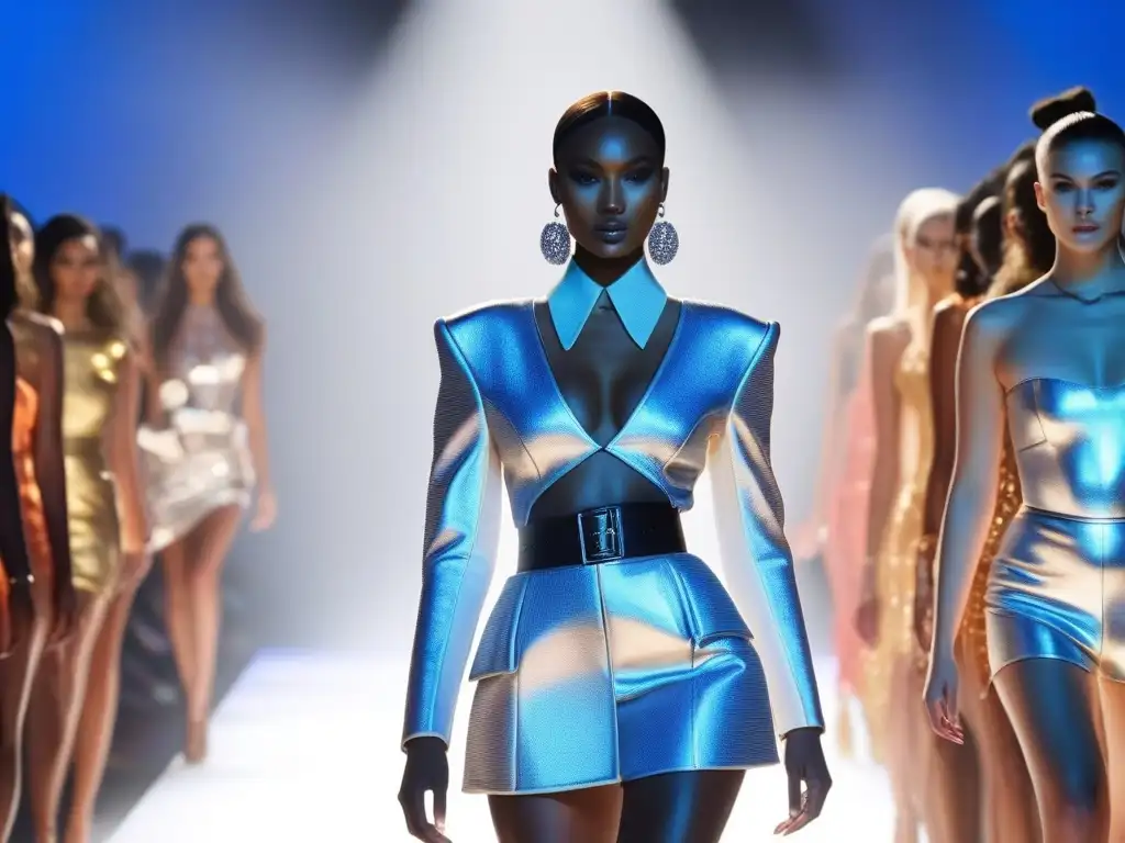Desfile de moda inclusiva: diversidad y estilo en la pasarela futurista Desfile de moda inclusiva en una pasarela futurista con modelos de diversas tallas y orígenes, mostrando colaboraciones moda tallas altas