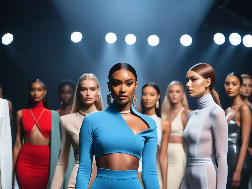 Desfile virtual de moda: diversidad y elegancia en pasarela Desfile de moda inclusiva en pasarelas virtuales con modelos diversos mostrando confianza y estilo único