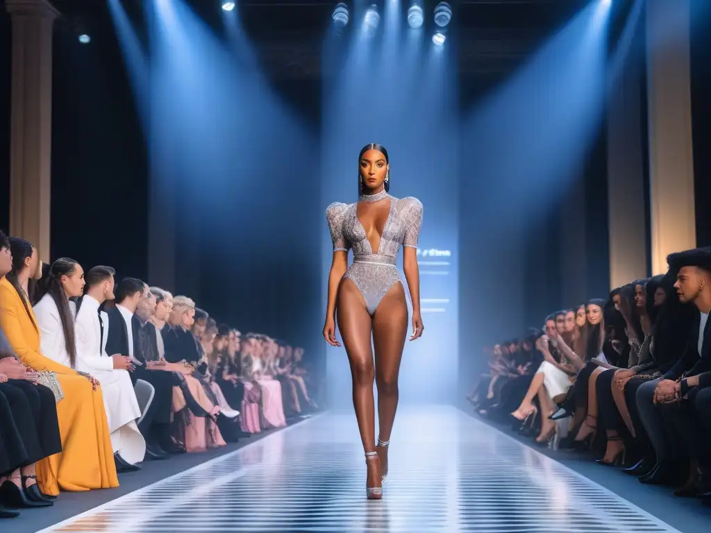 Desfile de moda inclusivo y vanguardista: diversidad en la pasarela Desfile de moda inclusiva con personas trans y no binarias, presentando diseños genderneutral en un ambiente futurista y vibrante