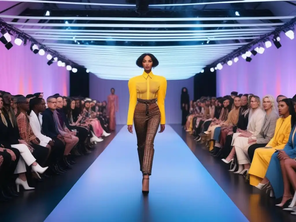 Desfile de moda inclusivo y empoderado con diseños genderfluid Desfile de moda inclusiva con personas trans no binarias desfilando en una pasarela de luces arcoíris, mostrando diseños vanguardistas y genderfluid