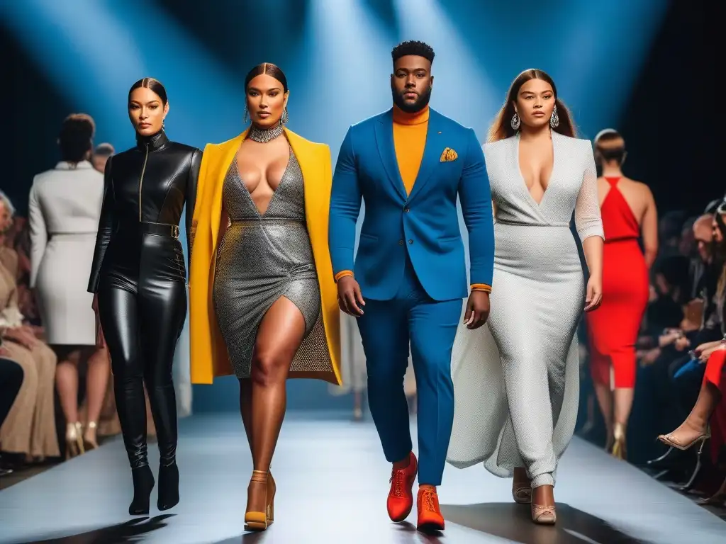 Desfile inclusivo de moda: diversidad y autoconfianza en la pasarela Un desfile de moda inclusiva con personas de cuerpos diversos, géneros y etnias mostrando autoconfianza en la pasarela