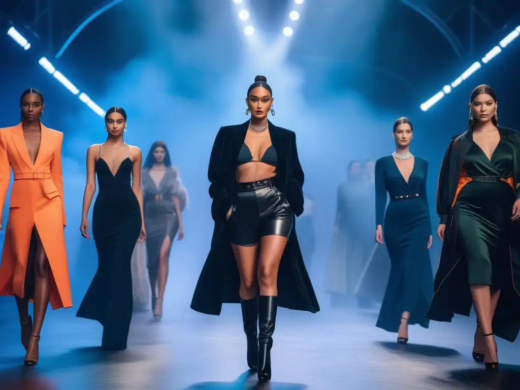 Desfile de moda inclusiva para personas altas: elegancia y empoderamiento Un desfile de moda inclusiva para personas altas en una pasarela futurista al anochecer